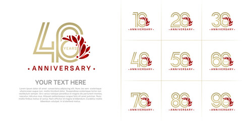 Anniversary logo type set with double line number and red floral ornament. golden color for celebration event