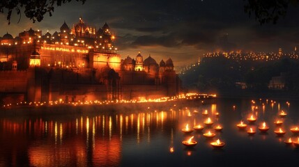 A beautiful night scene featuring a building illuminated with lights