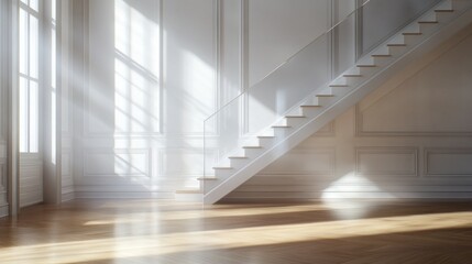 Obraz premium Sunlight streams into a spacious, elegant interior with a white staircase