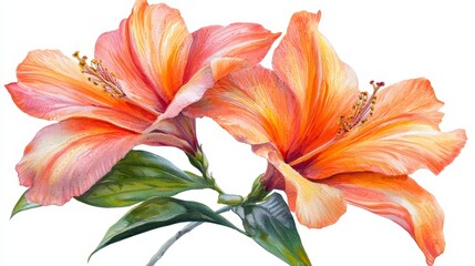 Fototapeta premium Two hibiscus flowers bloom, orange petals, white background, botanical illustration for decoration