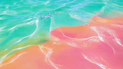Fototapeta premium Vibrant, split-tone view of water with hues of pink and turquoise, shallow ripples, and refractions