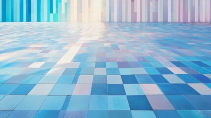 Vibrant wall and tile floor with blue, purple and white blocks reflecting light