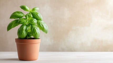 Fototapeta premium Fresh basil plant in terracotta pot