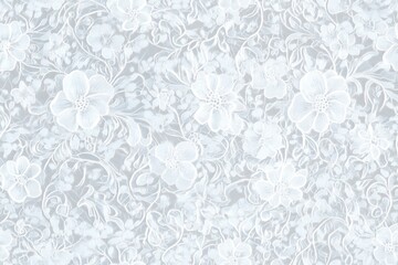 Seamless delicate Water lily lace floral pattern featuring white flowers and intricate vines on a soft gray background. The design is elegant and suitable for textiles or wallpapers.