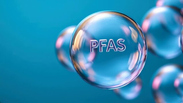 Transparent Bubbles with PFAS Highlighting Chemical Pollution and Environmental Impact on Blue Background