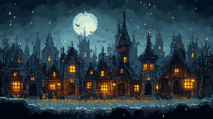 Fototapeta premium Eerie Pixel Art Town at Night with Full Moon and Glowing Windows Under Starry Sky