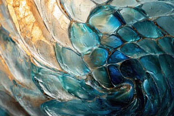 Obraz premium Abstract artwork depicting swirling teal and gold hues, resembling flowing water or a gemstone mosaic.