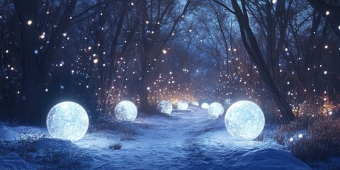 Magical Winter Forest Path Illuminated by Glowing Spheres and Blue Bokeh Lights