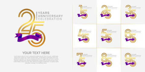 Fototapeta premium Anniversary logo type set with double line number. golden and silver color with purple ribbon for celebration event