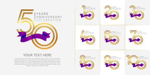 Anniversary logo type set with double line number. golden and silver color with purple ribbon for celebration event
