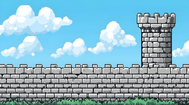 Gray Stone Castle Wall and Tower Against a Blue Sky with White Clouds Pixel Art Style