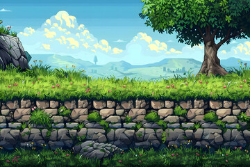 Green Meadow Pixel Art Landscape with Stone Wall Tree and Rolling Hills in Soft Sunlight Under a Partly Cloudy Sky