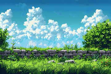 Lush Pixel Art Landscape with Stone Wall Green Grass and Cloudy Sky Under a Bright Sunlight in a Tranquil Outdoors