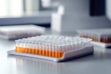 A 96-well plate filled with orange liquid samples sits in a lab, ready for scientific analysis.
