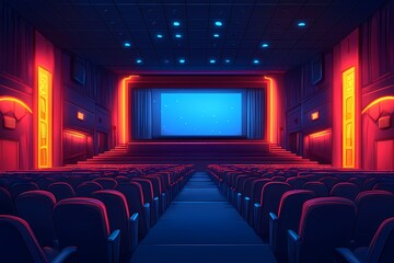 Fototapeta premium Empty Cinema Theater with Neon Lights and Vibrant Color Animation for Modern Movie Experience
