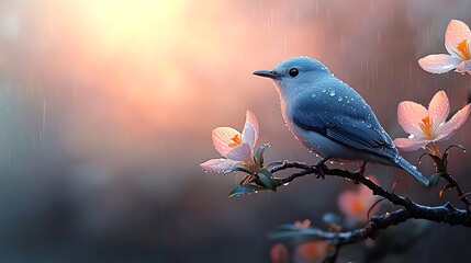 Fototapeta premium Spring flora and nature action bird on flowering branch in tranquil environment