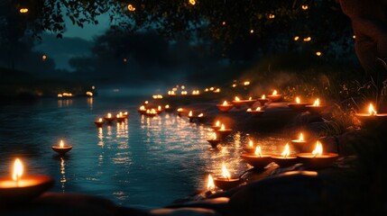 Fototapeta premium Many lit candles are floating in a body of tranquil water
