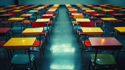 Obraz premium A row of brightly colored chairs sit empty in a large room. The chairs are arranged in a neat row, with some of them facing the camera. The room appears to be a classroom or a similar setting