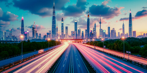 Urban city dark sky view, red car light bokeh. Long sleek motion trails blur Major high rise tower, sharp dusk. Street crazy jam, busy rush hour Fast paced work time. Night road lane speed Dawn travel