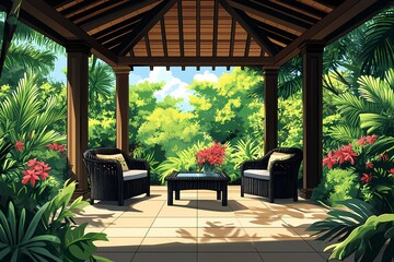 Obraz premium Tropical Gazebo Oasis with Wicker Chairs: Outdoor Relaxation in a Tranquil Garden Setting with Vibrant Floral Arrangements and Bamboo Decor