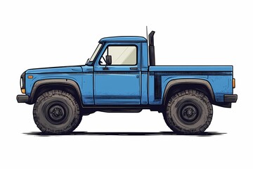 Blue Vintage Pickup Truck Illustration: Classic Off-Road Adventure Vehicle - Retro Style Automotive Design & Rugged Transportation on Dirt Road
