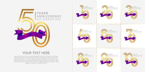 Anniversary logo type set with double line number. golden and silver color with purple ribbon for celebration event