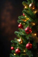 Obraz premium Warm Christmas tree background with ornaments and lights, snowflake, winter