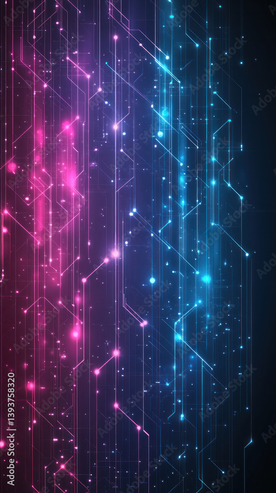 Poster a colorful, abstract image with purple and blue lines and dots. the image is a representation of a c