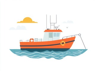 Naklejka premium Flat Orange Fishing Boat Trawler Floating on Ocean Waves Vector Illustration