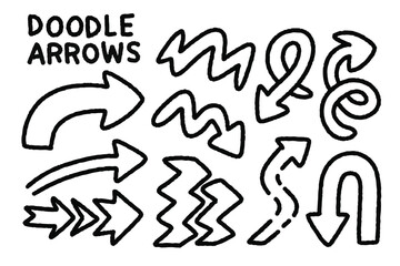 Doodle arrows in various styles, including curved, zigzag, and straight designs, create playful and dynamic visual effect, perfect for enhancing creative projects