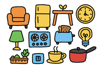 Cozy furniture, kitchen appliances, home decor, and everyday items create warm atmosphere in this doodle illustration. playful design evokes sense of comfort and creativity