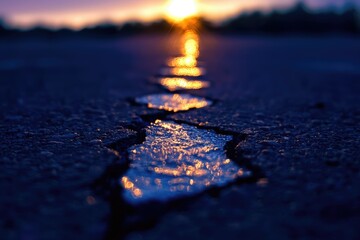 Sunset reflected in a crack on the asphalt road, creating a mesmerizing view.