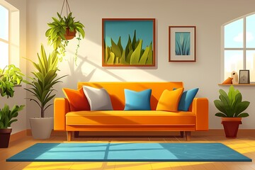 Modern Interior Design - Vibrant Orange Couch and Stylish Decor in a Sunlit Living Room
