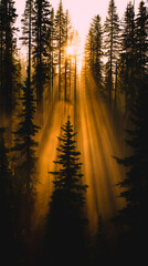 Obraz premium Sunlit Forest: A breathtaking forest scene with tall trees is illuminated by the sun, casting a beautiful glow.