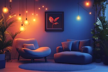 Modern Cozy Living Room Interior Design with Vibrant Blue and Orange Accents: Relaxation and Elegance in a Sophisticated Space