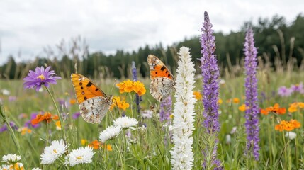 Two butterflies amidst a vibrant meadow of flowers