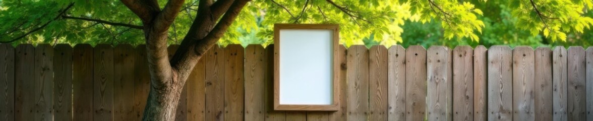 Fototapeta premium Wooden fence with a blank frame hanging under a leafy tree canopy , outdoors, trees