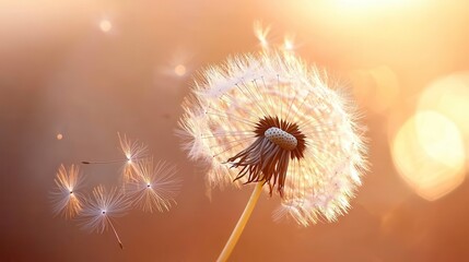 Dandelion seeds blowing in golden sunset light.