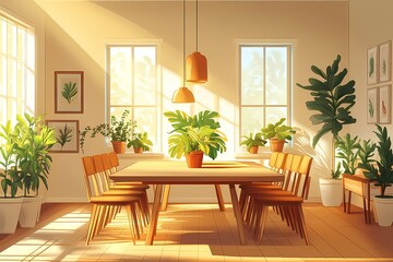 Inviting Dining Room Design with Natural Light: Modern Decor, Wooden Table, and Potted Plants for a Serene Atmosphere