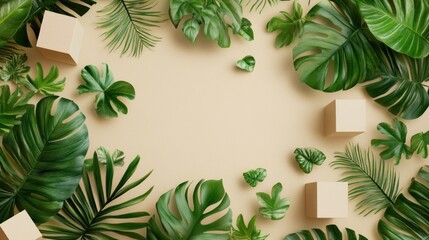 Fototapeta premium Tropical foliage arrangement on beige background