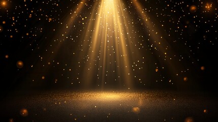 Golden spotlight rays on dark background with glitter.