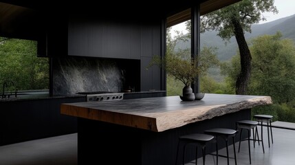 Modern minimalist kitchen with a natural wood island. Dark, sleek cabinetry and a stone backsplash create a sophisticated, contemporary aesthetic.