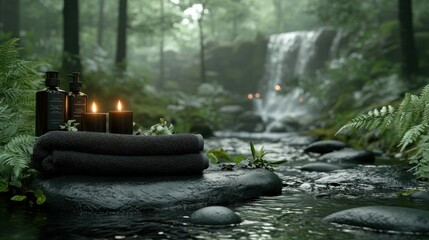 Tranquil forest spa scene. Dark gray towels, candles, and bottles rest on a rocky stream bank, a waterfall cascading in the background. Lush greenery surrounds the scene