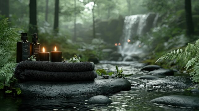 Tranquil forest spa scene.  Dark gray towels, candles, and bottles rest on a rocky stream bank, a waterfall cascading in the background. Lush greenery surrounds the scene