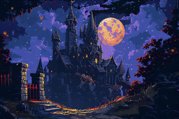 Majestic Pixel Art Castle Under a Glowing Moon Amidst Dark Forest at Twilight Pixelated Fantasy Castle With Intricate Details and Night Scene