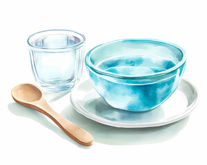 Watercolor bowl of blue color, glass, and wooden spoon on a white background with a shadow, vector illustration clipart.