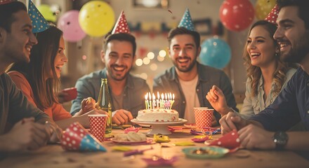 Celebrating Birthday with Friends Smiling Around Cake and Party Decorations