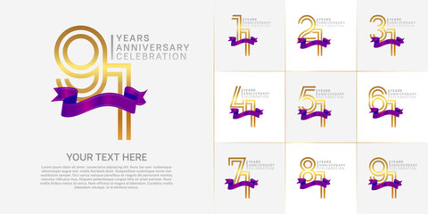 Anniversary logo type set with double line number. golden and silver color with purple ribbon for celebration event