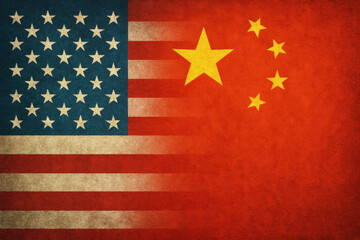 Fototapeta premium Bandera de Estados Unidos, USA, con degradado hacia la bandera de China. Fondo con textura. Imagen que ilustra la situación económica actual. 