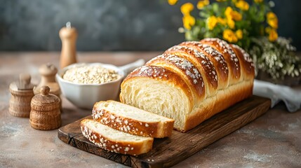 A golden crusted crusty homemade bread loaf freshly baked and sliced resting on a rustic wooden cutting board